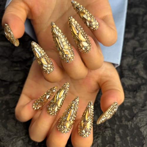 Trendy Handmade Press On Nails Long Stiletto Shape,10Pcs Bling Bling Acrylic Fake Nails with 3D Rhine Stone Luxury Design Stick On Nail for Woman Gift