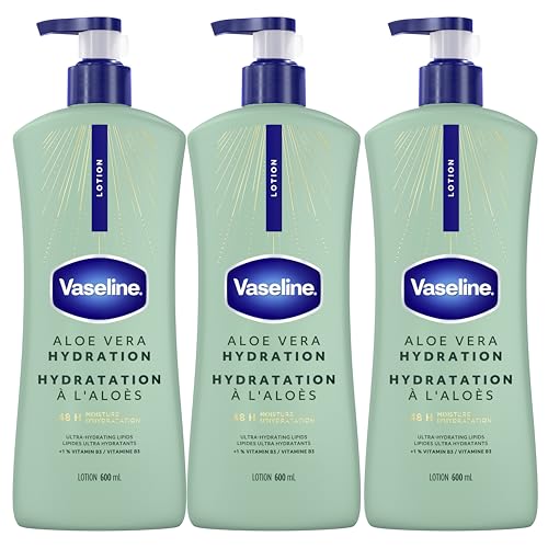 Vaseline Intensive Care Body Lotion for Dry Skin Soothing Hydration Lotion Made with Ultra-Hydrating Lipids + 1% Aloe Vera Extract to Refresh Dehydrated Skin 20.3 oz, Pack of 3 (packaging May Vary)