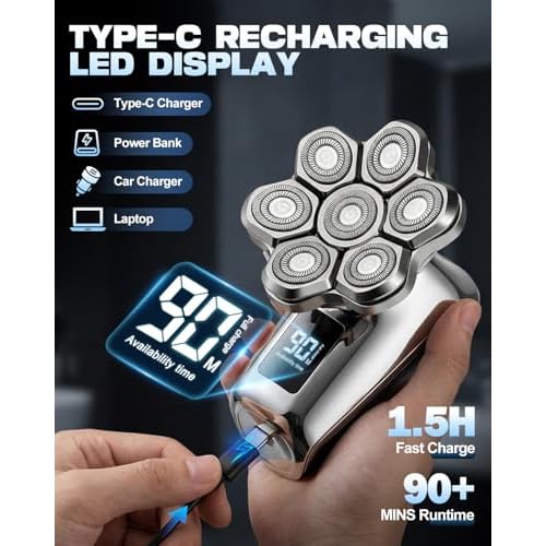 Head Shavers for Bald Men, 7D Floating Blades Electric Razor with Magnetic Detachable Heads, IPX7 Waterproof Rotary Shaver 5-in-1 Self-Grooming Kit Gift for Balder