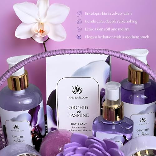 Christmas Bath Spa Gifts for Women ? Orchid & Jasmine | 9-Piece Luxury Bath and Body Set with Shower Gel, Bubble Bath, Body Mist, Lotion, Scrub, Bath Salt & More | Relaxing Gift for Her Birthday