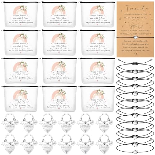12 Set Christmas Friend Gifts for Women Bulk Friendship Bracelets Makeup Bags with Zipper Keychains Cards Women Friendship Gifts for BFF Birthday Christmas Party