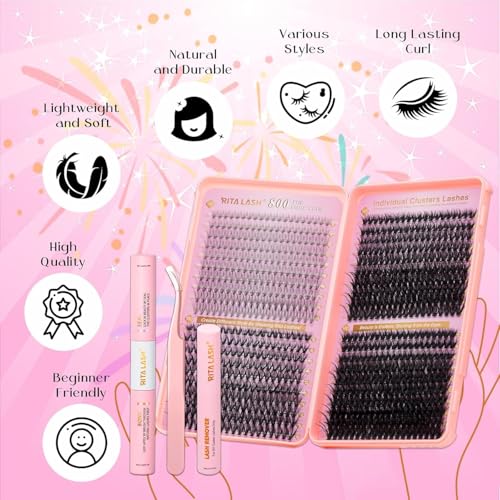 Lash Extension Kit DIY Lash Clusters 800pcs Cluster Lashes Individual Lashes Book Set Eyelash Extension Kit with Lash Bond and Seal,Lash Remover,Lash Tweezers(10D+30D+50D+80D Kit,8-16mm)