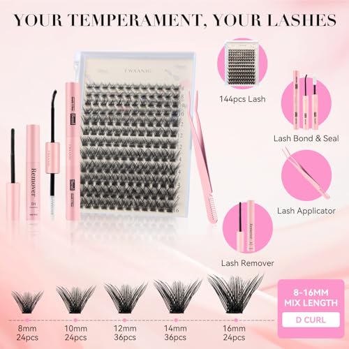 False Eyelashes Butterfly D Curl Lash Clusters Kit 144PCS, 8-16mm Wispy & Hypoallergenic with Pink 4-in-1 Tools for Daily or Special Occasions
