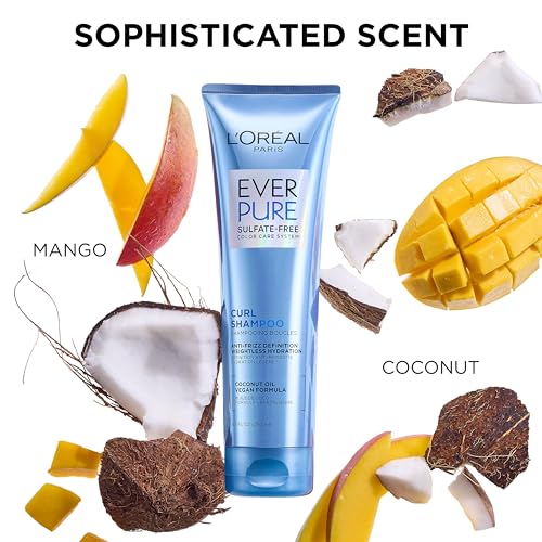L'Oreal Paris Sulfate Free Shampoo for Curly Hair, Lightweight, Anti-Frizz Hair Care with Coconut Oil, EverPure, 8.5 Fl Oz (Packaging May Vary)