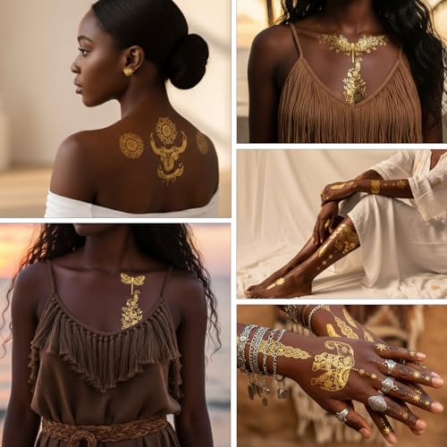 9 Sheets Gold Tattoos Temporary Tattoos For Women, Glitter Flash Tattoo Stickers Metallic Elaborate Sun Moon Star for Adult Festivals Parties Makeup Cosplay