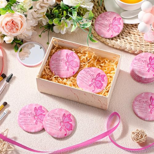 Pinkunn 100 Pcs International Women's Day Gifts Bulk for Woman Pink Inspirational Faith Compact Mirrors for Nurse Coworkers Motivational Cancer Awareness Small Pocket Travel Makeup Mirrors (Butterfly)