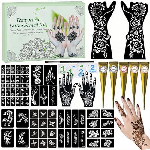 Temporary Tattoos Kit, Large 10 Sheets Temporary Tattoo Stencil Kit,95 Unique Tattoo Designs,5 Pcs 3 Color(black*2,brown*2 & Red*1) Ink with Paint Brush DIY Body Art Painting for Women Men Kids