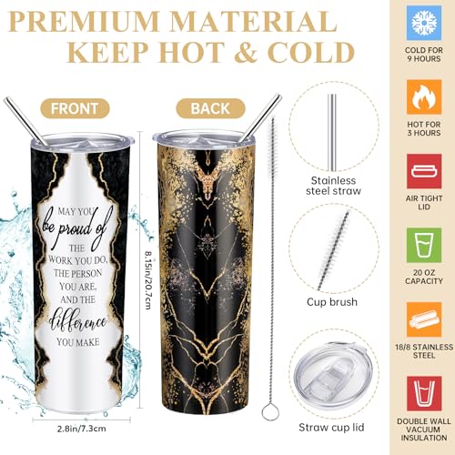 Domensi 6 Pcs Employee Appreciation Gift Set for Women Female Thank You Gift May You Be Proud 20 oz Rustic Marble Sign Tumbler Makeup Bag Journal for Nurse Lady Work Business(Black)