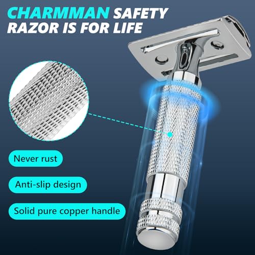 Classic Double Edge Safety Shaving Razor, Pure Copper Handle,1 Razor + 10 pcs Super Stainless Steel Blades
