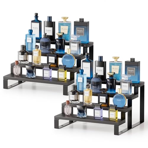 2 Set Black Cologne Organizer for Men, 12 Inch Cologne Stand 4 Tier Perfume Organizer for Dresser, Versatile Step Display Stand Shelf for Fragrance, Skincare, Figurine, Dessert (Wood & Metal)
