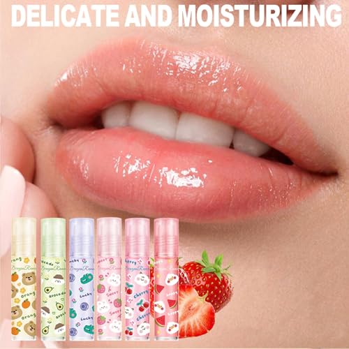 6Pcs Roll On Lip Gloss Oil Set,Hydrating and Nourishing Lips Light Lip Oil,Fruit Scents Vegan Lip Oil for Women