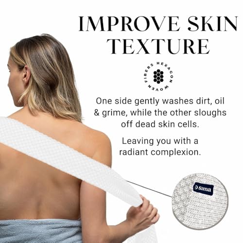 Sima - Bundle - Exfoliating Body Towel White + Japanese Exfoliating Face Towel with Hexagon Fibers, Body Scrubber with 2 Sides for Scrubbing & Washing