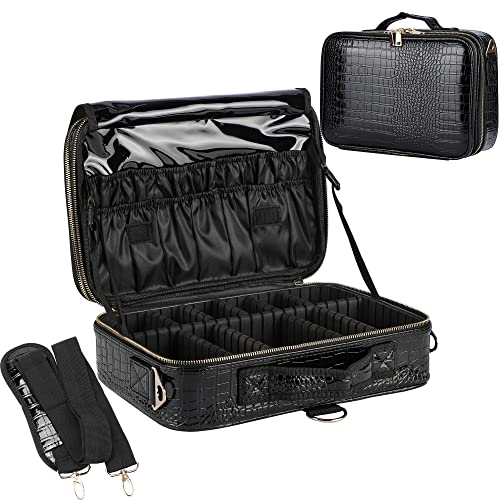 JOURMON Travel Makeup Train Case,Large Capacity Cosmetic Bags for Women,Portable Makeup Bag Organizer with Adjustable Dividers & Shoulder Strap (Crocodile Pattern Black,Medium)