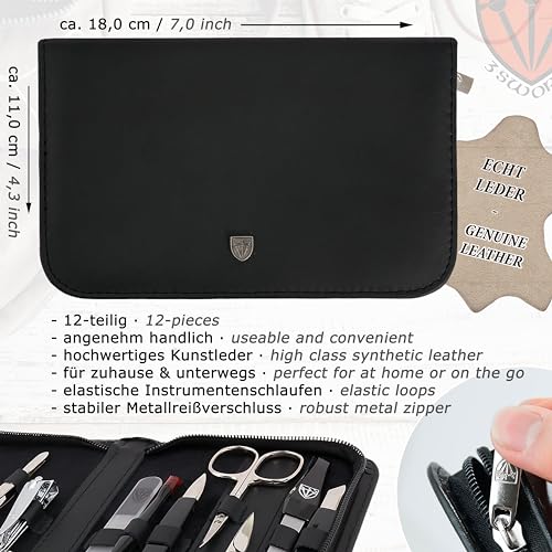 3 Swords Germany ? Brand Quality 12 Piece Manicure Pedicure Grooming kit Set for Professional Finger & Toe Nail Care with Black Genuine Leather case - Made in Germany