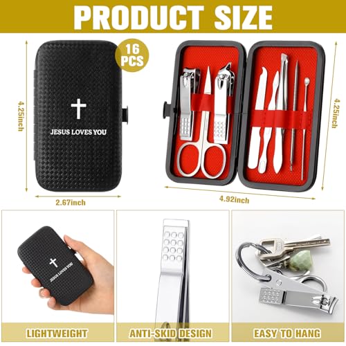 Yinkin 16 Pack Easter Christian Bulk Gifts Nail Clipper Set Jesus Loves You Manicure Set 8 in 1 Nail Pedicure Kit Basket Stuffers Fillers for Men Dad Husband Gifts Grooming Kits with Leather Case