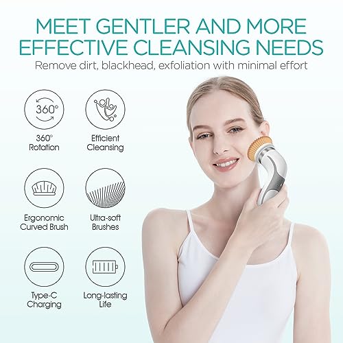 Facial Cleansing Brush-Spin Face Scrubber Exfoliator Rechargeable, 2-Speed Rotation, Electric Face Wash Brushes for Cleansing and Exfoliating, with 2 Brush Heads, Grey