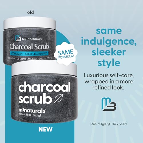 Exfoliating Charcoal Scrub with Collagen & Stem Cells ? Salt Scrub for Body Toning, Cellulite, Armpit Detox, and Skin Smoothing for Face, Feet, and Body by M3