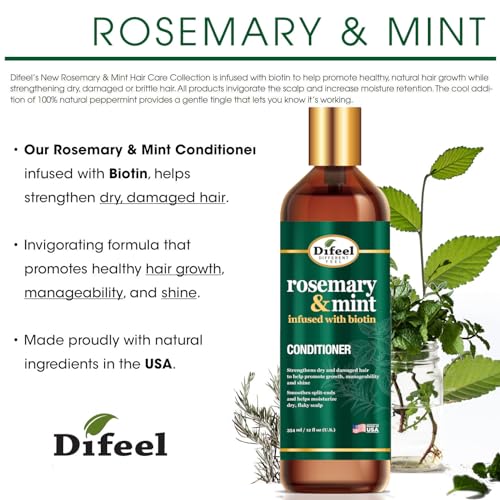 Difeel Elevated Rosemary Mint Hair Conditioner with Biotin 12 oz. - Made with Natural Rosemary & Mint to Strengthen Dry, Damaged Hair, Promote Growth, Smooth Split Ends & Moisturize Dry Scalp