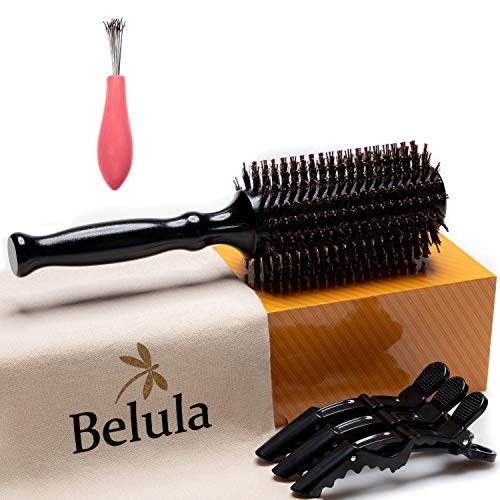 Boar Bristle Round Brush for Blow Out Set by Belula. Round Hair Brush For Blow Drying. Small 2” Wooden Barrel. Hairbrush Ideal to Add Volume and Body. Free 3 x Hair Clips & Travel Bag
