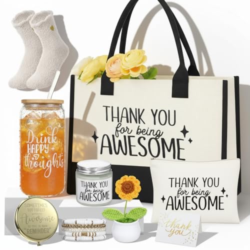 Zopeal 10 Pcs Appreciation Gifts Thank You Gifts Set for Women with Canvas Tote Bag Candle Glass Tumbler Socks Bracelet Makeup Bag for Friend Coworker Teacher Employee Birthday Gift