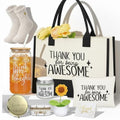 Zopeal 10 Pcs Appreciation Gifts Thank You Gifts Set for Women with Canvas Tote Bag Candle Glass Tumbler Socks Bracelet Makeup Bag for Friend Coworker Teacher Employee Birthday Gift