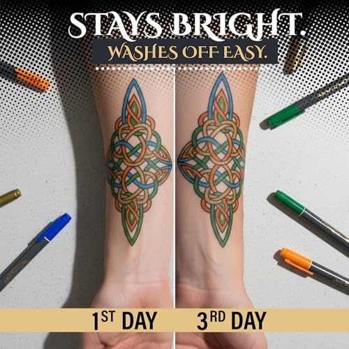 Tattoo Pen Kit for Skin ? 10 Temporary Tattoo Markers with Dual Tips & 20 Stencils, Body-Safe Ink for Face, Hands & Arms ? Fun Body Art Pens for Kids, Teens, Parties, Festivals & Costume Design