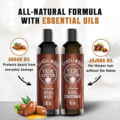 Beard Wash & Beard Conditioner Set w/Argan & Jojoba Oils - Softens & Strengthens - Natural Sandalwood Scent - Beard Shampoo w/Beard Oil (10oz)