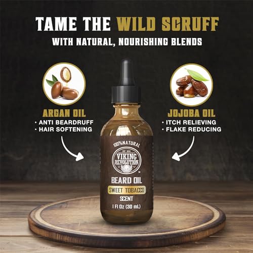 Viking Revolution Sweet Tobacco Beard Balm for Men and Sweet Tobacco Beard Oil Bundle - With Argan and Jojoba Oils - Soften and Moisturize your Beard