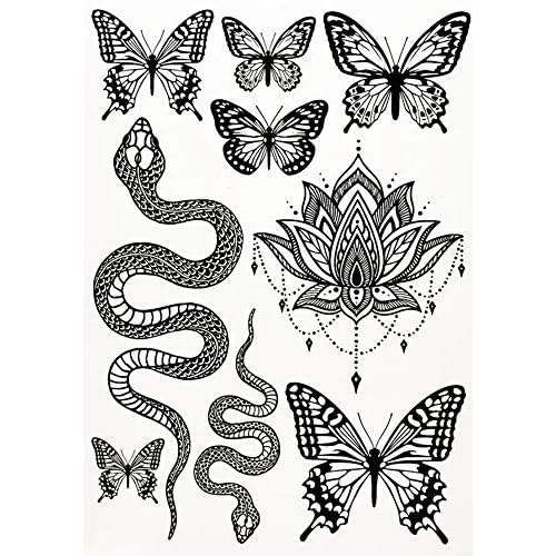 Temporary Tattoo for Adult Women - 3 Sheets - Black Big Moth Snakes Lotus Beetle Scorpion Dragonfly Bee Insect Koi Fish Skulls Love Kanji Sleeve Words Adults Tattoos