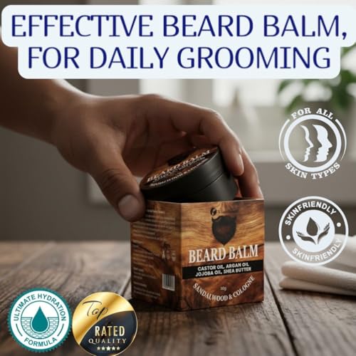 Beard Balm for Men, Cologne and Sandalwood Scent, natural growth Moustache Wax with Argan, Jojoba, Castor Oil, 50g