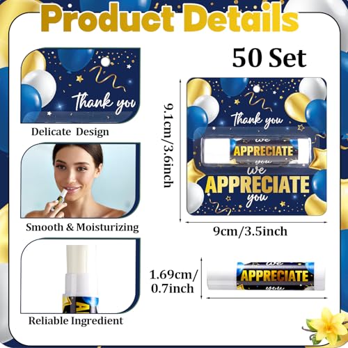 50 Pack Thank You Lip Balm Gifts Bulk, Blue Gold Graduation Lip Balm Gift, Appreciation Party Favor for Teacher Classmate Coworker Employee We Appreciate You Retirement Party Supplies