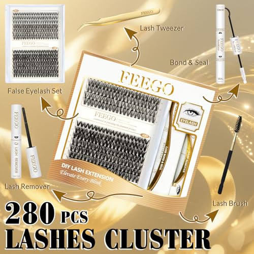 FEEGO Lash Extension Fluffy Eyelash Extensions Kit 30D+40D 9-16mm Eyelash 280pcs Thick Nude Single Lashes for Home DIY Invisible Extension Kit Waterproof Natural Look Reusable wispy volume set