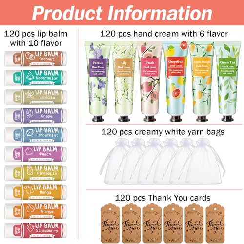 AZEN 120 Sets Bulk Gifts, Hand Cream and Lip Balm Bulk Set with Organza Bag Thank You Card, Baby Shower Wedding Gifts for Guests, Bridal Wedding Favors, Valentines Gifts for Women