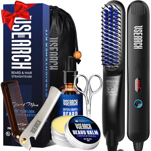 Heated Beard Straightener Brush for Men, 5 Temp Settings, Anti-Scald Safety, Grooming Kit with Comb, Beard Balm & Oil, for Coarse Thick Curly Beards, Gifts for Father's Day Birthday