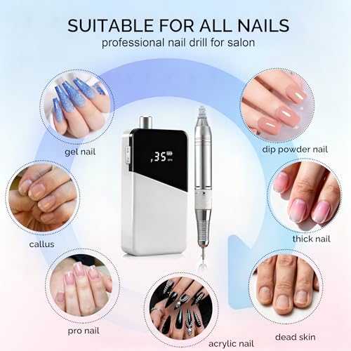 Electric Nail Drill Professional, Upgraded High-Power Efile with Genuine 4000mAh Battery, Cordless Rechargeable Nail File Tool for Acrylic Gel Nails & Cuticle Removal, Salon/Home Use