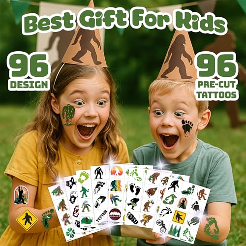 96 PCS Bigfoot Jungle Pre-Cut Temporary Tattoos for Kids Themed Birthday Party Decorations Favors Supplies Super Cute Monster Outdoor Tattoo Stickers Gifts for Boys Girls School Rewards Carnival