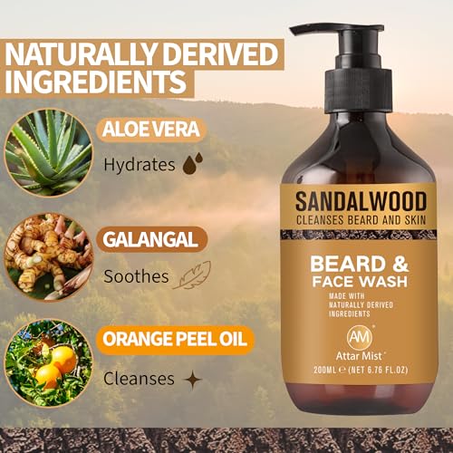 AM Beard & Face Wash - Sandalwood Scented - Gently Cleanses, Stops Itching & Flaking, Hydrates Dry Flaky Skin Under Beard - Naturally Derived Aloe Vera, Galangal, & Orange Peel - 6.76 fl oz
