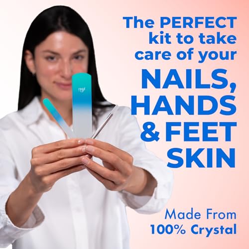 Starter Crystal Care Set - 3PC Includes Glass Foot Scraper, Medium Crystal File, and Cuticle Stick for Natural Nails, Glass File Kit