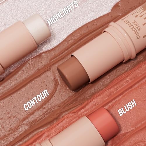 3Pcs Cream Contour Sticks Kit, Highlighter Stick Blush Stick Cream Contour Kit Makeup Set with Brush,Face Brightens & Shades Contour Stick Waterproof for Women