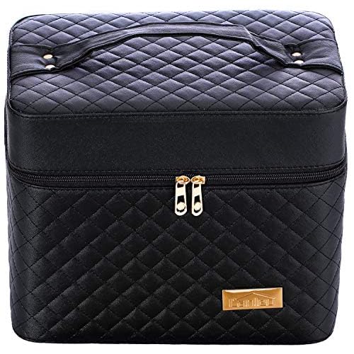 Sooyee Makeup Bag Cosmetic Bags with Mirror, Makeup Organizer 4 Layer Foldable Tray Open to The Sides,Makeup Travel Bag for Women,Makeup Box Train Case,Black