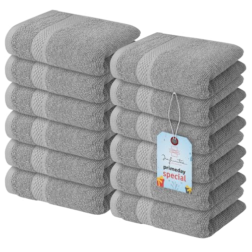 Infinitee Xclusives Grey Luxury Towel Set - 4 Bath Towels (27x54, 600 GSM) + 12 Washcloths (13x13) - Soft, Absorbent, Quick-Drying 100% Cotton Bundle for Bathroom, Gym, Spa, and Skincare Use