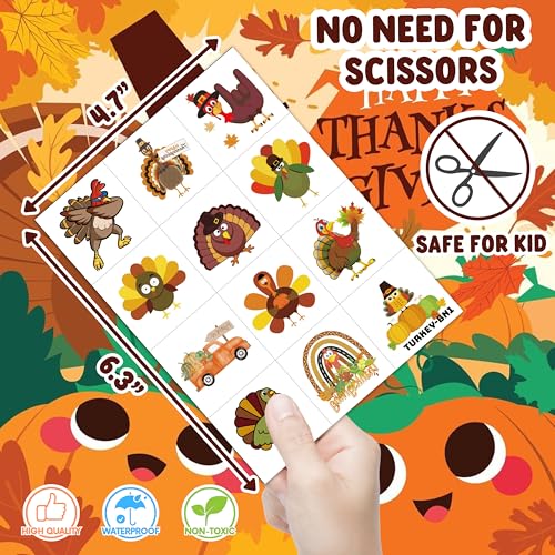 96PCS Thanksgiving Turkey Tattoos Stickers Pre-Cut Themed Autumn Fall Tattoos 1st Birthday Party Decorations Supplies Decor Favors for Kids Harvest Festival Prizes Rewards