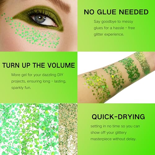Green Face Glitter Gel,St Patricks Day Body Hair Glitter,Self-Adhesive Holographic Chunky Green Glitter, St Patricks Day Accessories for Women,Kids Rave Festival Carnival Makeup,40g/1.41 oz