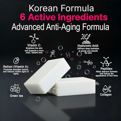 Retinol & Vitamin C Serum Complex Soap Bar - Korean Formula - Hyaluronic Acid, Peptides, Collagen & Green Tea - Anti Aging & Brightening Face Wash for Smoother Even Skin Tone - Cold Pressed - 2 Pack