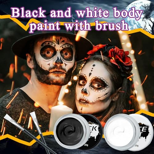 Black White Face & Body Paint Set,Professional Oil Based Face Painting Kit with 2 Brushes,Halloween SFX Makeup Palette Kit for Skull Costume Party Skeleton Cosplay Clown Art Theater