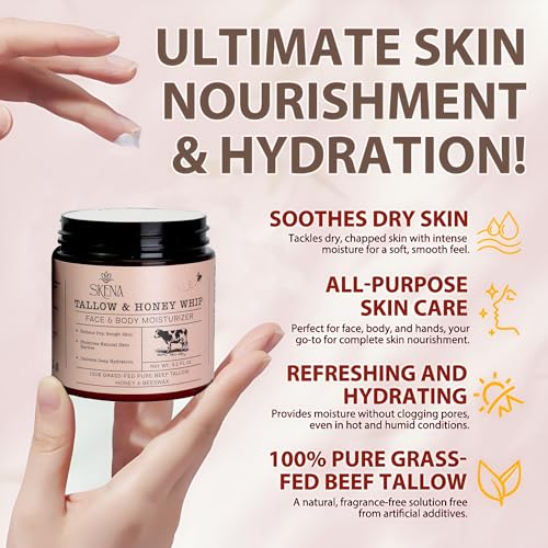 Grass-Fed Beef Tallow Moisturizer with Honey & Beeswax ? Whipped Tallow Face Cream for Deep Hydration ? Natural Face & Body Balm for Dry, Sensitive Skin ? 4.2 oz for Men & Women