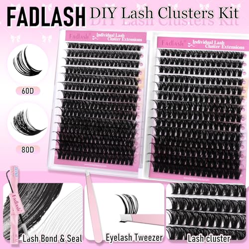 FADLASH Lash Clusters Kit 60D+80D Eyelash Cluster Kits Natural Wispy Cluster Eyelashes Extensions D Curl 10-18mm Lashes Extension with Lash Bond and Seal Lash Tweezer (60D+80D, Kit)