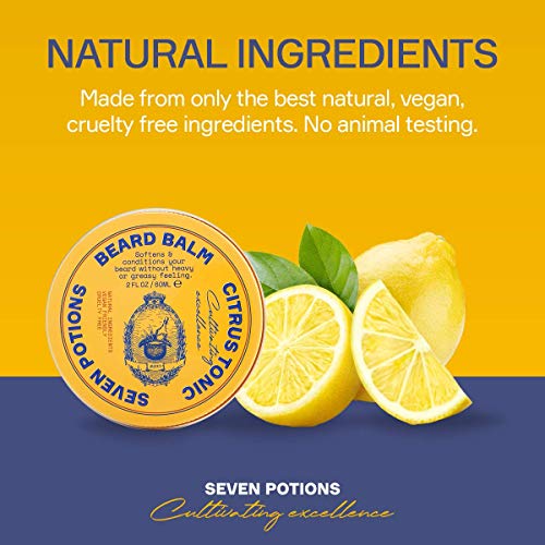 SEVEN POTIONS Beard Balm for Men ? Conditioning Softener to Nourish Skin, Facial Hair, and Stop Beard Itch ? All-Natural, Vegan, Cruelty Free ? Citrus Tonic (2 FL OZ)