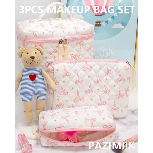 3PCS Makeup Bag SET Large Travel Quilted Zipper Soft Cosmetic Case Pouch for Women Girls Make Up,Bow Pink