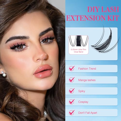 Lash Clusters Kit Manga Lash Clusters D Curl Lashes Clusters Anime Lashes Ultra-Thin Invisible Band 0.05mm Eyelash Extension Kit DIY at Home